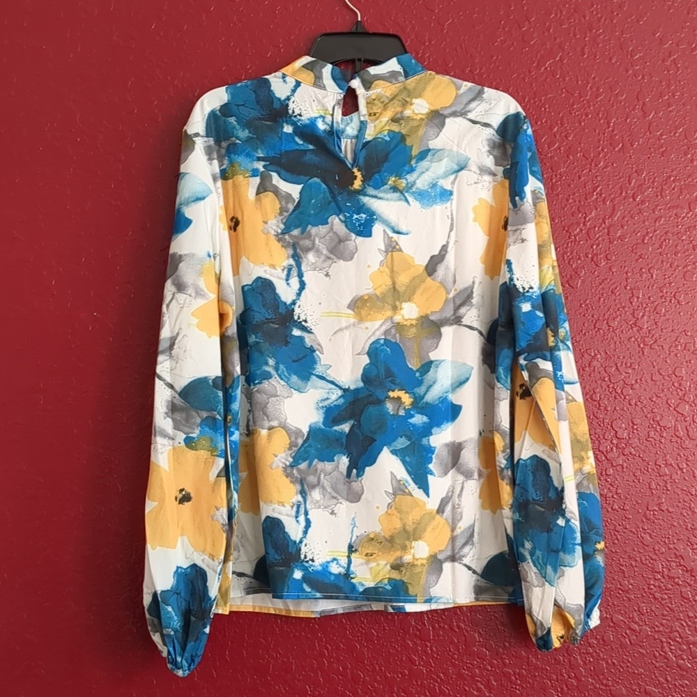 Women Blouse Turquoise/Tropical Print Ruffle Long Sleeves Size XXL - Picture 6 of 13